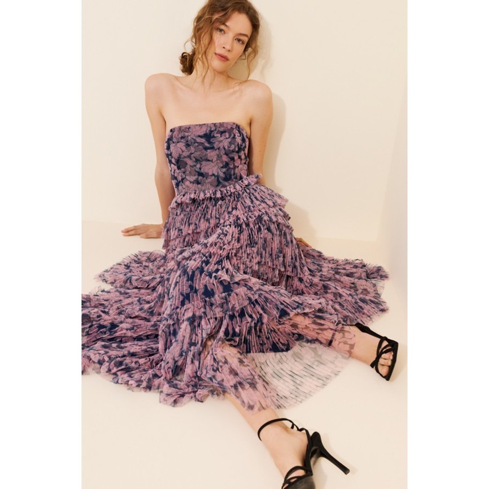Hutch Strapless Floral Tiered Tulle Maxi Dress Navy Gown Wedding Resort Formal